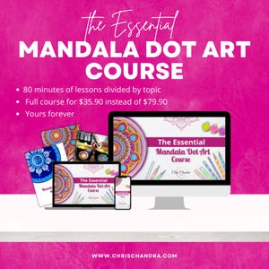 May include: A digital course titled The Essential Mandala Dot Art Course displayed on a computer monitor, a laptop, and a smartphone. The background is bright pink with white text listing 80 minutes of lessons and lifetime access.