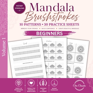 May include: A digital practice guide titled Mandala Brushstrokes Volume 1 for beginners, featuring 10 patterns and 30 practice sheets. The document includes printable A4 pages with small, medium, and large grey floral and line stroke templates.