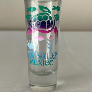 Cabo San Lucas Souvenir Shot Glass, Sea Turtle, Fish, Tropical Blue, Green, Purple, Pink, 4 in. tall