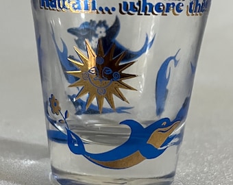 HAWAII Souvenir Shot Glass, Dolphins, Where the Sun and Fun are, Royal Blue, Gold