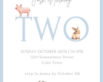 Oink Baa Moo Farm Theme Birthday Party Invitation Blue | 2nd Birthday Party Invitation | Instant Edit and Download