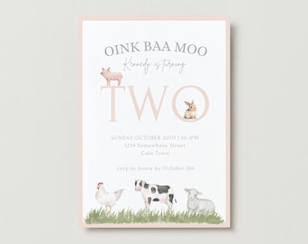 Oink Baa Moo Farm Theme Birthday Party Invitation | 2nd Birthday Party Invitation | Instant Edit and Download