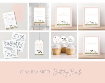 Oink Baa Moo Farm Theme Birthday Party Bundle | 2nd Birthday Party Invitation | Instant Edit and Download
