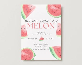 One In A Melon Birthday Party Invitation | 1st Birthday Party Invitation | Instant Edit and Download