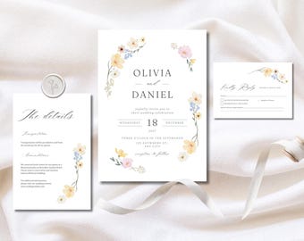 Floral Watercolor Wedding Invitation Suite | Wedding Invitation | Editable Canva Template | Instant Edit and Download