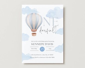 Onederful First Birthday Hot Air Balloon Birthday Party Invitation | 1st Birthday Party Invitation | Instant Edit and Download