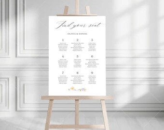 Floral Watercolor Wedding Guest Seating Chart | Wedding Sign | Editable Canva Template | Instant Edit and Download