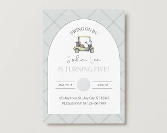 Swing on By Birthday Party Invitation | 5th Birthday Golf Themed Party Invitation | Instant Edit and Download