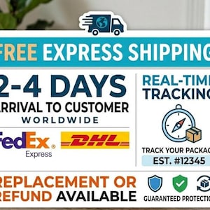 Op de afbeelding: Een promotionele afbeelding met tekst en pictogrammen die verzendvoordelen adverteert. Het bevat de zinnen "GRATIS EXPRESS VERZENDING", "2-4 DAGEN", "REAL-TIME TRACKING" en "VERVANGING OF TERUGBETALING BESCHIKBAAR". Logo's van FedEx en DHL zijn inbegrepen.