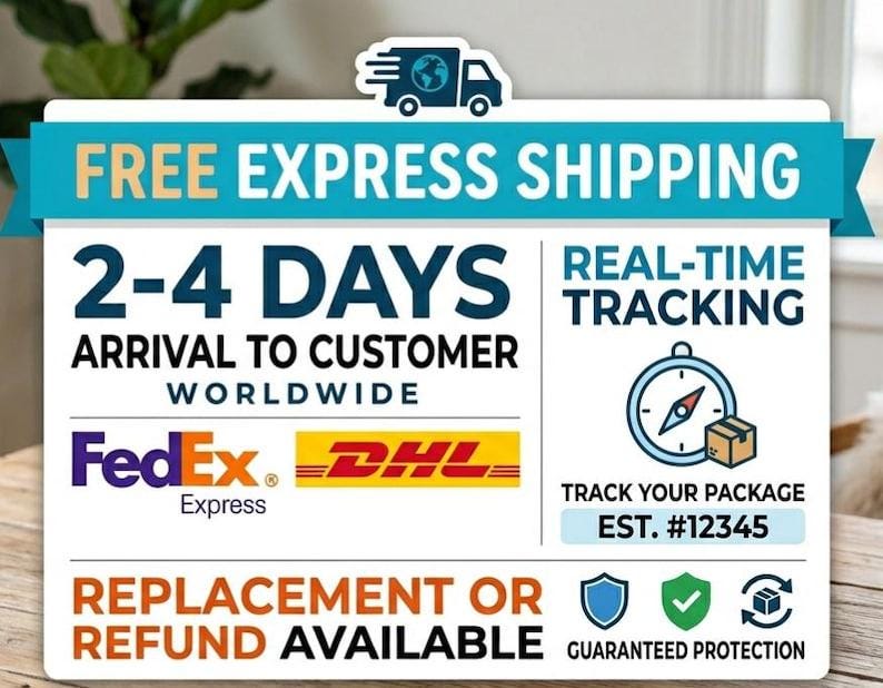 Op de afbeelding: Een promotionele afbeelding met tekst en pictogrammen die verzendvoordelen adverteert. Het bevat de zinnen "GRATIS EXPRESS VERZENDING", "2-4 DAGEN", "REAL-TIME TRACKING" en "VERVANGING OF TERUGBETALING BESCHIKBAAR". Logo's van FedEx en DHL zijn inbegrepen.