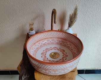 Handmade Moroccan Ceramic Vessel Sink: Brass Drain, Boho Farmhouse Decor.