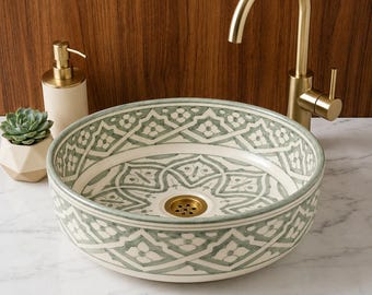 Sage green ceramic vessel sink - Handmade Moroccan sink - Hand-painted bathroom vanity washbasin - countertop boho sink - free brass drain.
