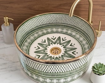 Handmade green ceramic sink with brass rim - hand-painted Moroccan vessel sink - bathroom vanity washbasin