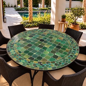 May include: A round outdoor dining table featuring a mosaic top composed of various shades of green tiles in octagonal and geometric patterns, supported by a dark metal frame, surrounded by six dark wicker chairs with light-colored cushions.
