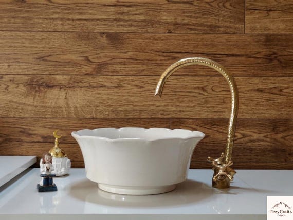 Handmade White Ceramic Vessel Sink with Scalloped Rim | Fluted  bathroom vanity washbasin, Artisan Moroccan Ceramic Sink, free brass drain