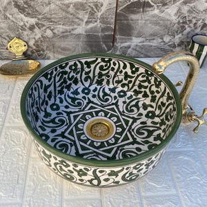 Green handmade ceramic sink Moroccan bathroom washbasin- Bathroom Vanity Centerpiece for Eco-Friendly decor