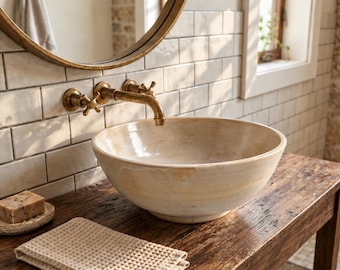 Handmade Ceramic Vessel Sink, Beige Bathroom Sink- Rustic  Wash Basin - Countertop Sink - Moroccan Farmhouse Bathroom Decor, free drain