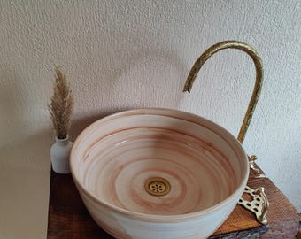 Handmade Terracotta & White Ceramic Vessel Sink - Wheel Thrown Pottery Basin with Natural Swirl Pattern