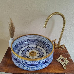 Handmade bleu ceramic sink - vessel washbasin with brass rim + free gifts