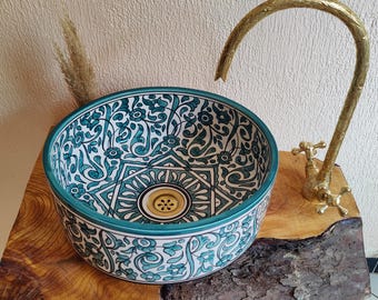 Handgefertigte marokkanische Keramik Spülbecken - Türkises Blumenmuster