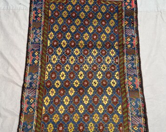 Royal Blue Vintage Afghan Baluch 3x5 Hand Knotted All-Over Diamond Prayer Wool Carpet Bohemian Style Area Rug Living Room Decor, Bedroom Rug