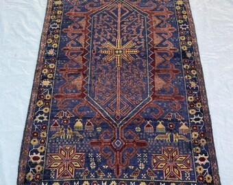 Vintage 4x6 ft Afghan Baluch rug — handmade, deep navy & rust, geometric medallion and star motifs, low-pile — great for living or entry