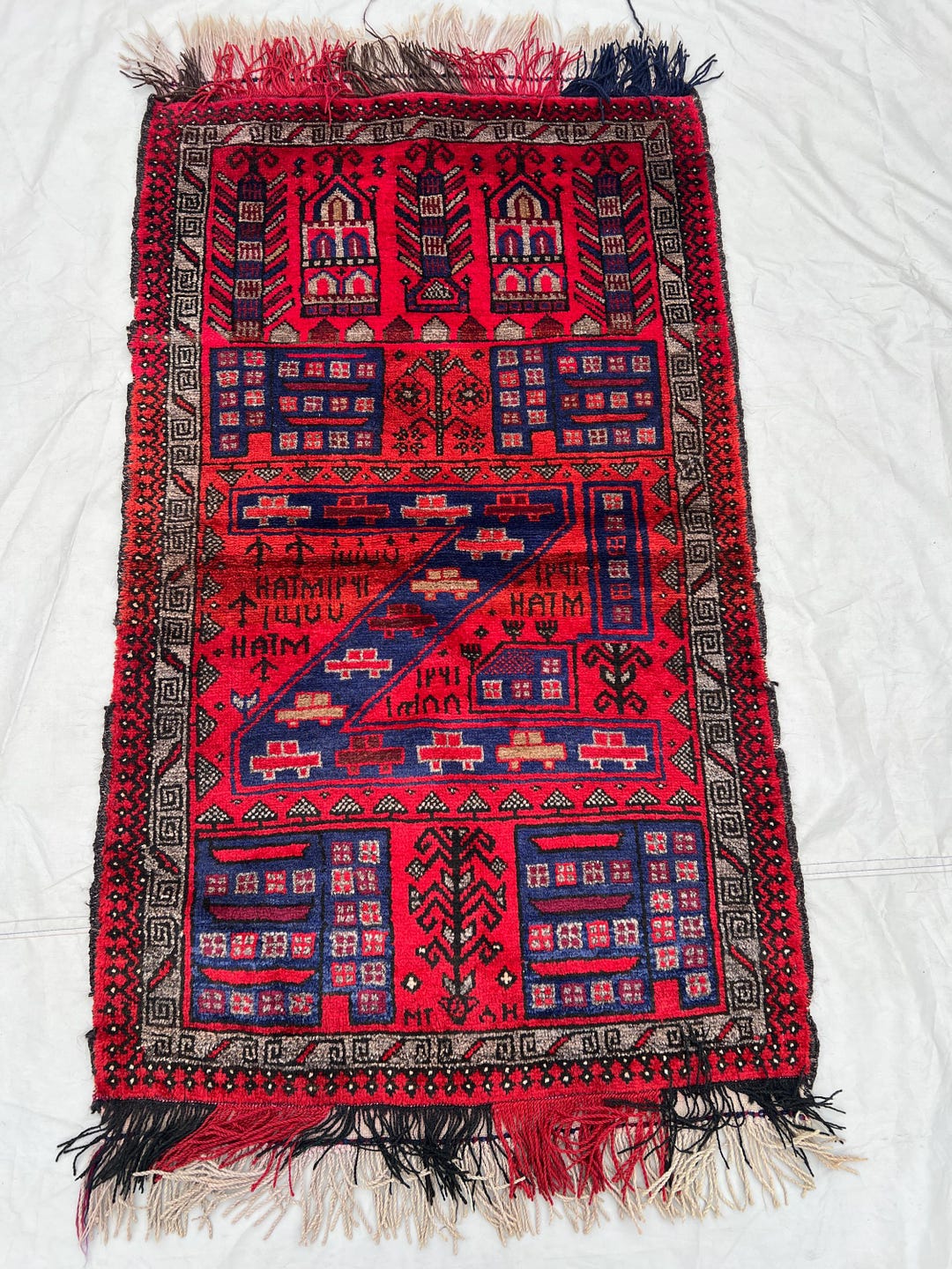 Vintage 2.10 X 5 Ft Baluchi Prayer Rug — Afghan-style Red & Navy Mihrab ...