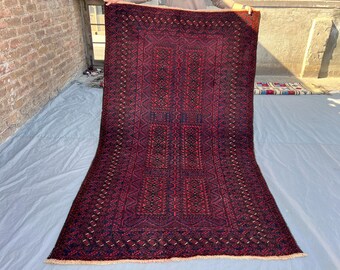 Vintage 4.3x7.2 ft Yaqoob Khani hand-knotted rug — deep red with navy geometric panels, tribal rectangular motifs, wool, ideal for living