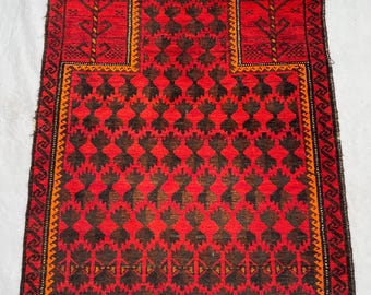 Red Black Afghan Tribal Prayer Rug 3x4 ft Hand Knotted Vintage Geometric Wool Carpet Bohemian Style Area Rug Living Room Decor, Bedroom Rug