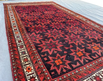 Vintage 4.4x8.2 ft Afghani Baluchi Handwoven Rug — Deep Red Navy Geometric Star Repeat, Handmade Area Rug for Living/Dining/Hallway
