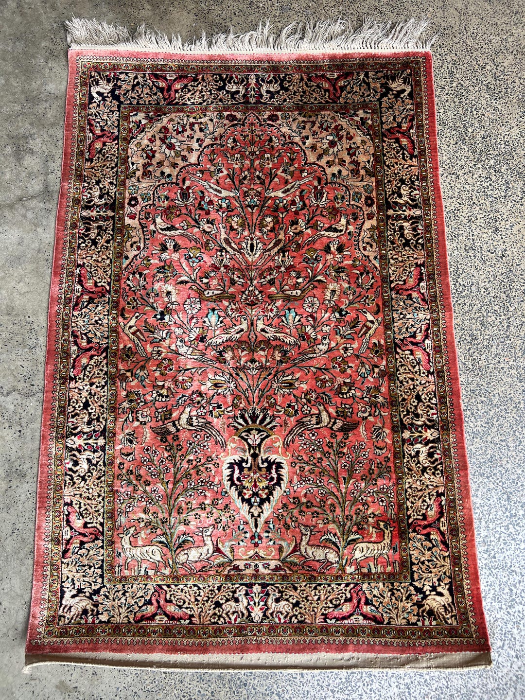 28x41 Rug Vintage 2.8x4.1 Ft Turkish Silk Pictorial Rug — Coral, Cream & Navy ...
