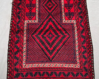 Crimson Red Afghan Baluch 3x4 ft Hand Knotted Double Diamond Checkerboard Wool Carpet Bohemian Style Area Rug Living Room Decor, Bedroom Rug
