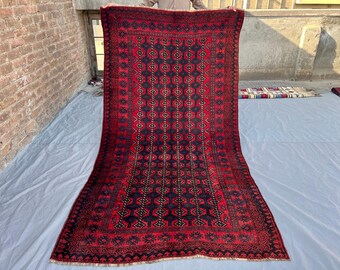 Vintage 4.5x8.2 ft Afghan Baluchi Rug — Deep Red Navy Geometric Runner for Hall, hand-knotted rug ,Perfect for Living and Bedroom rug