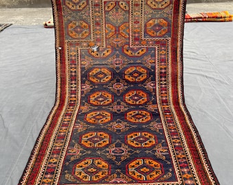 Tapete de oração afegão Baluchi em tons de azul marinho e laranja, 90 x 150 cm, feito à mão em lã, estilo vintage octogonal, estilo boho, para decoração de sala de estar.