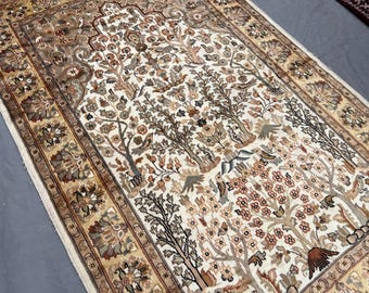 Ivory Cream Afghan Paradise Garden 4x7 Hand Knotted Tree of Life Floral Wool Carpet Bohemian Style Area Rug Living Room Decor, Bedroom Rug