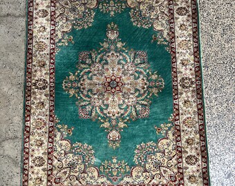 Vintage 2x3 ft Turkish Hereke rug — vintage-inspired turquoise field with cream floral medallion, intricate border, living room or hallway