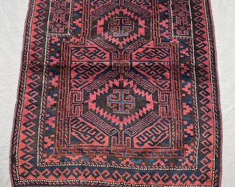 Deep Red Vintage Afghan Baluch 3x4 Hand Knotted Double Medallion Prayer Wool Carpet Bohemian Style Area Rug Living Room Decor, Bedroom Rug