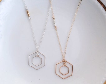 Hexagon Necklace / Sterling Silver or 14k Gold Filled / Dainty Jewelry / Gifts for Her / Geometric / Mixed Metal / Gifts for Her