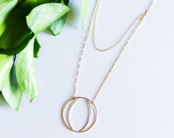 Mixed Metal Large Circle Necklace / Sterling Silver or 14k Gold Filled / Long Necklace / Dainty Jewelry / Gifts for Her / Crescent Moon