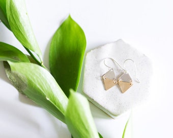 Mixed Metal Tiny Triangles Earrings / Sterling Silver and 14k Gold Filled / Dainty Jewelry / Gifts for Her / Geometric