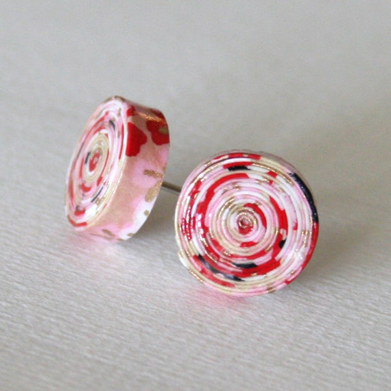 Items similar to Red, Pink and White Paper Stud Earrings / Paper