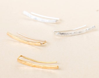 Bar Ear Climbers / Sterling Silver or 14k Gold Filled / Hammered Curved Bar / Crawlers / Dainty Jewelry