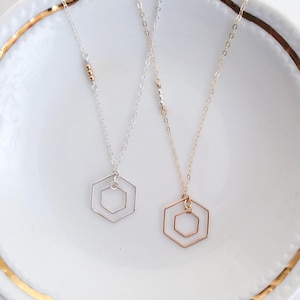 May include: Two delicate necklaces with hexagonal pendant charms. One necklace is silver with a silver hexagon charm, and the other is gold with a gold hexagon charm.