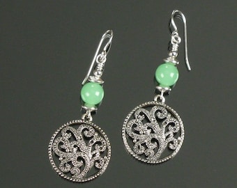 Silver Filigree Earrings, Elegant Green & Silver Earrings, Pretty Evening Dress or Bridal Earrings, Unique Gift for Women, Girlfriend