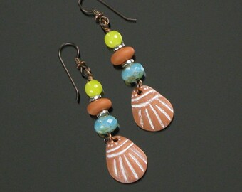 Long Terracotta Tribal Earrings, Colorful Tribal Jewelry, Unique Rustic Shell Earrings, Handmade Boho Earring Gift for Women, Girlfriend