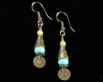 Tribal African Earrings, Brass Turquoise Ethnic Earrings, Bohemian Jewelry, Boho Silver Earrings, Unique Jewelry Birthday Gift for Women