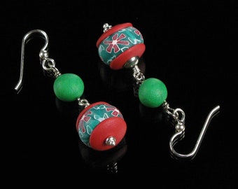 Christmas Flower Drop Earrings, Whimsical Red Green Folk Art Earrings, Unique Festive Christmas Jewelry, Gift for Her, Women, Mom