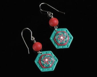 Christmas Flower Hexagon Earrings, Red Green & Blue Holiday Earrings, Handmade Folk Art Christmas Jewelry, Unique Festive Earring Gift