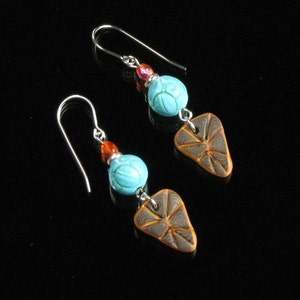 Turquoise Ethnic Earrings, Rustic Brown Gold Clay Dangle Silver Earrings, Tribal Earrings, Boho Earthy Art Jewelry, Unique Gift for Women