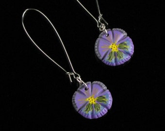 Purple Pansy Earrings, Unique Flower Earrings, Handmade Purple Earrings, Long Lightweight Silver Earring, Birthday Gift for Gardener